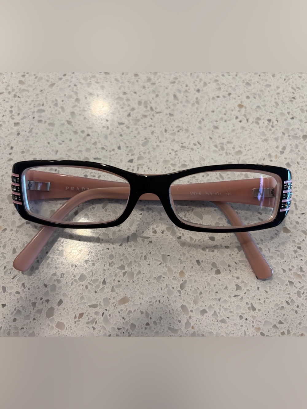 Prada Prescription Glasses 7VB-101 135 with Blush Pink Temples/Crystal Accents